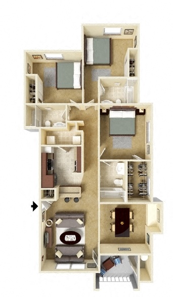 Floor plan for 3 beds, 3 baths, 1312 sqft